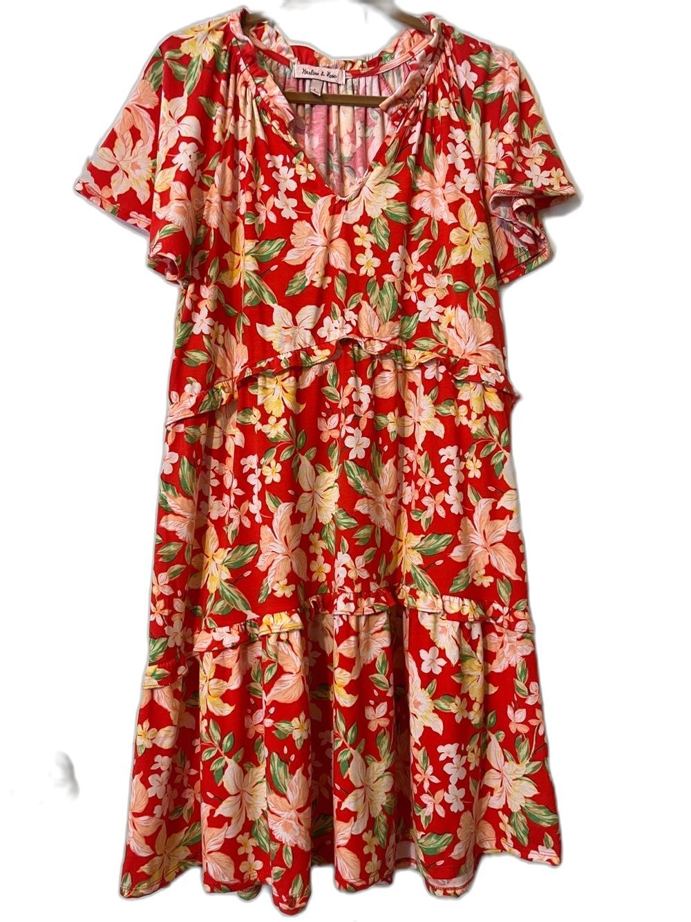Harlow & Rose floral tiered ruffled v-neck midi dress